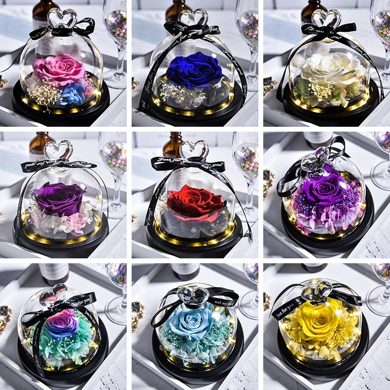 Eternal Flowers In Heart Glass Dome with LED Light