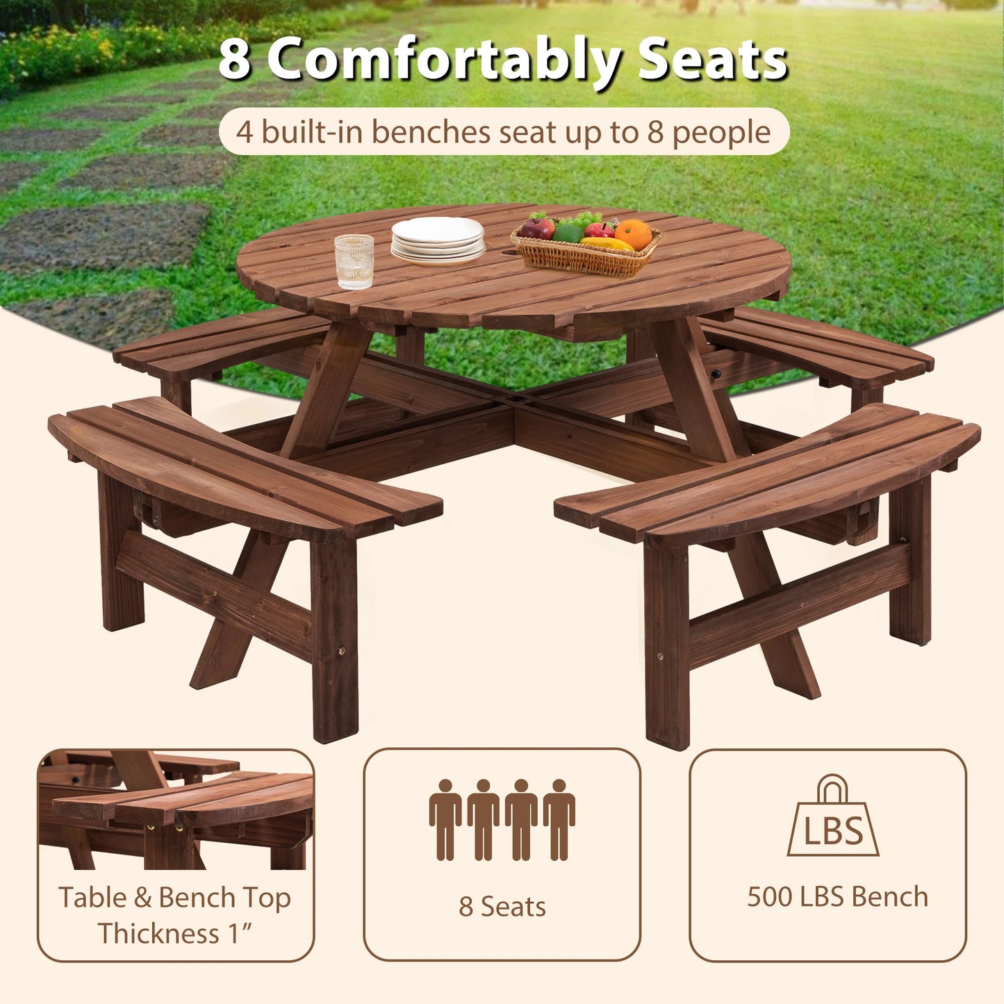 8-Person Outdoor Wooden Picnic Table